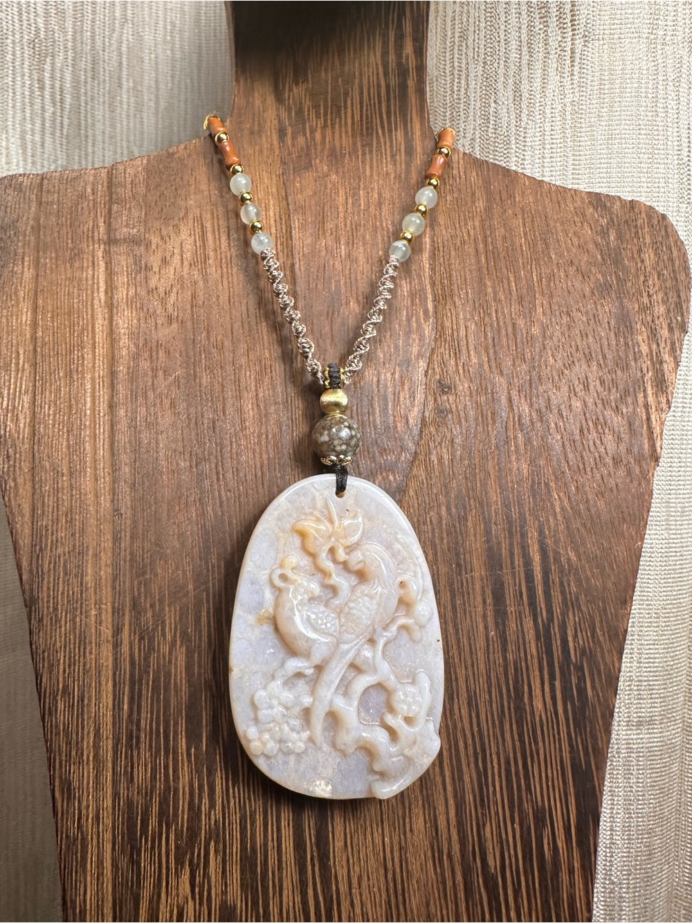 Coral Fossil Birds Pendant with Ocean Jasper on Adjustable Rope - Picture 9 of 15
